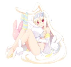 Rule 34 | 1girl, animal ears, bare legs, bare shoulders, bikini, blonde hair, blush, bow, breasts, chestnut mouth, commentary request, cynthia riddle, full body, hair between eyes, hair bow, hairband, head tilt, highres, jacket, long hair, looking at viewer, medium breasts, mofu-mofu after school, mofumofu channel, off shoulder, open clothes, open jacket, p19, parted lips, rabbit ears, red eyes, sandals, side-tie bikini bottom, sidelocks, simple background, sitting, solo, stuffed animal, stuffed rabbit, stuffed toy, swimsuit, very long hair, virtual youtuber, white background, white jacket, yellow footwear