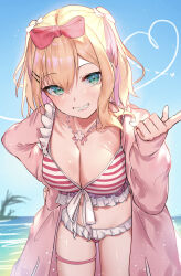 Rule 34 | 1girl, absurdres, beach, bikini, blonde hair, blush, bow, breasts, cleavage, commentary, contrail, day, frilled bikini, frills, front-tie bikini top, front-tie top, green eyes, grin, hair bow, hair ornament, hairclip, hand on own hip, highres, horizon, jacket, jewelry, kurumi noah, kurumi noah (summer c102), large breasts, leaning forward, long sleeves, looking at viewer, medium hair, multicolored hair, navel, necklace, ocean, outdoors, pink bow, pink hair, pink jacket, ringozeri, sleeves past wrists, smile, solo, stomach, striped bikini, striped clothes, swimsuit, teeth, thigh gap, two side up, virtual youtuber, vspo!