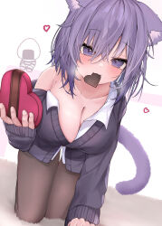 Rule 34 | 1boy, 1girl, :3, absurdres, all fours, animal ear fluff, animal ears, aroused, black pantyhose, black sweater, box, breasts, candy, cat ears, cat girl, cat tail, chocolate, chocolate heart, cleavage, closed mouth, collarbone, collared shirt, commentary, facing viewer, fang, fingernails, food, food in mouth, hair between eyes, heart, heart-shaped box, highres, hololive, large breasts, looking at viewer, medium hair, nekomata okayu, nekomata okayu (oversized shirt), off shoulder, onigirya (nekomata okayu), pantyhose, purple eyes, purple tail, reine (reineko6), shirt, simple background, sleeves past wrists, solo, solo focus, spiked hair, sweater, tail, thigh gap, valentine, virtual youtuber, white background, white shirt