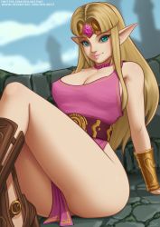 Rule 34 | 1girl, arm support, bare shoulders, bead necklace, beads, belt, blonde hair, blue eyes, bracer, breasts, circlet, cleavage, clothes between thighs, commentary, day, deilan12, dress, elf, english commentary, highleg, jewelry, large breasts, light smile, long hair, looking at viewer, necklace, nintendo, no panties, outdoors, pelvic curtain, pink dress, pink lips, pointy ears, princess zelda, side slit, signature, sitting, solo, the legend of zelda, the legend of zelda: a link between worlds, thighs, tiara, watermark, web address