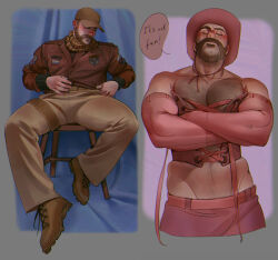 Rule 34 | 1boy, bara, beard, belt, blush, brown footwear, brown hair, brown jacket, brown pants, brown scarf, call of duty, call of duty: modern warfare 2, captain price, chair, chest hair, closed eyes, closed mouth, corset, crossed arms, detached sleeves, english text, facial hair, hat, highres, jacket, large pectorals, male focus, muscular, muscular male, pants, pectorals, pink belt, pink corset, pink pants, sasha shkret, scarf, short hair, sitting
