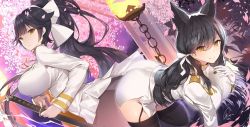 Rule 34 | 2girls, animal ears, architecture, atago (azur lane), azur lane, black hair, bow, breasts, brown eyes, cherry blossoms, east asian architecture, frown, garter straps, gloves, hair bow, hair flaps, hand on own chest, jacket, large breasts, long hair, long sleeves, looking at viewer, military, military uniform, multiple girls, naval uniform, pantyhose, pleated skirt, ponytail, signature, skirt, smile, sword, takao (azur lane), thighhighs, uniform, very long hair, weapon, white gloves, white jacket, white skirt, yaman