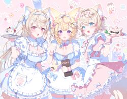 Rule 34 | 3girls, absurdres, ahoge, alternate costume, animal ear fluff, animal ears, apron, blonde hair, blue dress, blue eyes, blue hair, blue hairband, blush, breasts, cleavage, commentary request, cowboy shot, dog ears, dog girl, dog tail, dress, fox ears, fox girl, from behind, fuwawa abyssgard, hairband, heart, heart-shaped pupils, highres, holding, holding menu, holding plate, hololive, hololive english, kio is here, large breasts, long hair, looking at viewer, looking back, maid, medium breasts, medium hair, menu, mococo abyssgard, multicolored hair, multiple girls, omaru polka, open mouth, pink dress, pink eyes, pink hair, plate, purple eyes, short hair, siblings, sisters, smile, speech bubble, spiked hairband, spikes, streaked hair, symbol-shaped pupils, tail, twins, two-tone hair, virtual youtuber