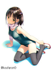 Rule 34 | 1girl, bare arms, bare shoulders, black hair, black thighhighs, blue one-piece swimsuit, breasts, colored shadow, commentary request, fringe trim, green eyes, hair bobbles, hair ornament, koutaro, looking at viewer, old school swimsuit, one-piece swimsuit, original, parted lips, scarf, school swimsuit, shadow, shoes, small breasts, solo, swimsuit, thighhighs, thighs, two side up, uwabaki, white background, white footwear, white scarf