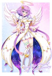 Rule 34 | 1girl, angel wings, aqua eyes, ayaton 0290, boots, cross-laced footwear, elbow gloves, gloves, halo, highres, lace-up boots, luca (shironeko project), purple hair, shironeko project, short hair, thigh boots, thighhighs, wings