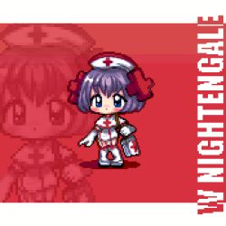 Rule 34 | 1girl, bag, blue eyes, blush stickers, boots, character name, chibi, christy frisby, commentary, cross hair ornament, dress, elbow gloves, english commentary, english text, first aid kit, garter straps, gloves, hair ornament, hat, holding strap, knees together feet apart, nurse, nurse cap, pixel art, purple hair, red background, short hair, shoulder bag, simple background, solo, standing, thigh boots, w nightengale, white dress, white footwear, x-girls strike