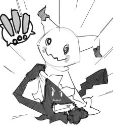 Rule 34 | !, !!, &gt;:3, :3, artist request, closed mouth, costume, creatures (company), emphasis lines, finger on trigger, full body, game freak, gen 7 pokemon, greyscale, gun, handgun, holding, holding gun, holding weapon, lifting own clothes, mimikyu, monochrome, nintendo, no humans, pikachu costume, pokemon, pokemon (creature), pokemon sm, simple background, sketch, solo, source request, v-shaped eyebrows, weapon, white background