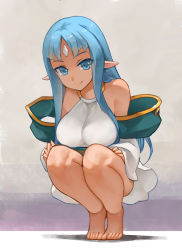 Rule 34 | 1girl, bad id, bad pixiv id, bare shoulders, barefoot, blue eyes, blue hair, forehead jewel, kalar (race), looking at viewer, matching hair/eyes, pastel kalar, pointy ears, rance (series), rance quest, smile, solo, squatting, yostxxx