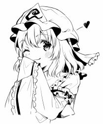 Rule 34 | 1girl, ;), closed mouth, frilled kimono, frills, hat, heart, high contrast, japanese clothes, kapuchii, kimono, long sleeves, looking at viewer, mob cap, monochrome, one eye closed, saigyouji yuyuko, short hair, simple background, smile, solo, touhou, triangular headpiece, upper body
