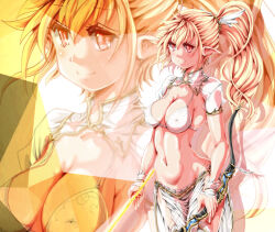 Rule 34 | 1girl, armlet, arrow (projectile), bad anatomy, blush, bow (weapon), breasts, cleavage, covered erect nipples, high ponytail, holding, holding bow (weapon), holding weapon, nanaly (sennen sensou aigis), nanatsuki yuuki, navel, pointy ears, red eyes, sennen sensou aigis, small breasts, smile, standing, weapon, zoom layer