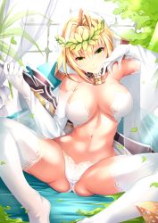 Rule 34 | 1girl, aata1007, ahoge, ass, bare shoulders, blonde hair, blush, breasts, bridal veil, chain, cleavage, day, elbow gloves, fate/extra, fate/extra ccc, fate (series), flower, gloves, green eyes, groin, hair intakes, highres, holding, holding sword, holding weapon, indoors, large breasts, lock, looking at viewer, navel, nero claudius (bride) (fate), nero claudius (fate), nero claudius (fate) (all), nero claudius (fate/extra), padlock, sidelocks, sitting, smile, solo, stomach, sword, thighhighs, underwear, underwear only, veil, weapon, weapon request, white flower, white gloves, white thighhighs, window, wreath