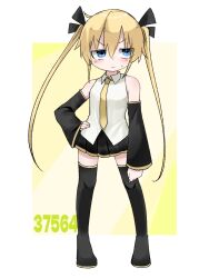 Rule 34 | 1girl, averting eyes, black footwear, black ribbon, black skirt, black sleeves, blonde hair, blue eyes, blush, boots, border, closed mouth, collared shirt, commentary request, cosplay, detached sleeves, embarrassed, frown, fusuma (suwaru boom), glaring, hair ribbon, hand on own hip, hatsune miku, hatsune miku (cosplay), highres, kill me baby, long hair, necktie, outside border, pleated skirt, ribbon, shirt, skirt, sleeveless, sleeveless shirt, solo, sonya (kill me baby), standing, thigh boots, thighhighs, twintails, vocaloid, white border, white shirt, yellow necktie, zettai ryouiki