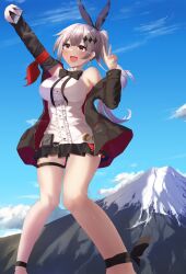 Rule 34 | 1girl, absurdres, akagane mic, black jacket, black skirt, brown eyes, cellphone, commentary request, commission, crescent, crescent earrings, earrings, five-seven (girls&#039; frontline), giant, giantess, girls&#039; frontline, highres, holding, holding phone, jacket, jewelry, long hair, miniskirt, mount fuji, off shoulder, open clothes, open jacket, open mouth, phone, pleated skirt, ponytail, second-party source, selfie, shirt, skirt, sleeveless, sleeveless shirt, smile, solo, thigh strap, v, very long hair, white shirt