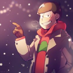 Rule 34 | 10s, 1boy, artist name, breath, brown gloves, brown hair, coat, gloves, hand in pocket, highres, hood, hoodie, layered clothes, looking at viewer, male focus, matsuno osomatsu, nyaph, osomatsu-kun, osomatsu-san, pointing, smile, snowing, solo, upper body