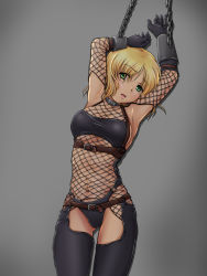 Rule 34 | 1girl, armpits, belt, black gloves, black thighhighs, blonde hair, bra, cowboy shot, fishnets, garter straps, gloves, gradient background, green eyes, grey background, highres, kanro-candy, lips, looking at viewer, midriff, mizuhashi parsee, navel, open mouth, panties, short hair, simple background, solo, thighhighs, touhou, underwear