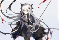 Rule 34 | 1girl, animal ears, arknights, black dress, black jacket, black pantyhose, blood, blood on face, blue eyes, cowboy shot, dress, dual wielding, grey background, hair between eyes, hair ornament, hairclip, highres, holding, holding sword, holding weapon, jacket, lappland (arknights), lappland (refined horrormare) (arknights), long hair, looking at viewer, official alternate costume, open clothes, open jacket, pantyhose, scar, scar across eye, simple background, solo, sword, v-shaped eyebrows, weapon, white hair, wolf ears, wolf girl, ziliang inori