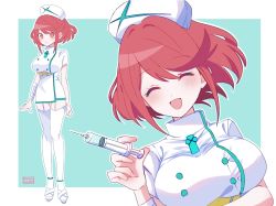 Rule 34 | 1girl, alternate costume, breasts, chest jewel, hat, highres, holding, holding syringe, kotohatoko510, large breasts, nurse, nurse cap, pyra (xenoblade), red eyes, red hair, short hair, solo, swept bangs, syringe, xenoblade chronicles (series), xenoblade chronicles 2