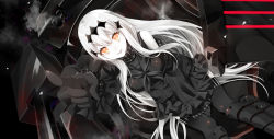 Rule 34 | 10s, 1girl, abyssal ship, aircraft carrier water oni, armor, armored boots, black dress, black gloves, black thighhighs, boots, breasts, colored skin, detached sleeves, dress, female focus, foreshortening, gloves, hair ornament, kantai collection, knee boots, large breasts, long hair, orange eyes, pointing, pointing at viewer, ribbed dress, sailor dress, short dress, smile, solo, thighhighs, tsujimori nanaki, turret, very long hair, white hair, white skin