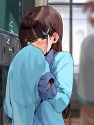 Rule 34 | 1girl, blue jacket, blurry, blurry background, blurry foreground, blush, brown eyes, brown hair, classroom, commentary request, crying, depth of field, funi mu9, hair behind ear, hair between eyes, hair ornament, hairclip, highres, indoors, jacket, long hair, long sleeves, looking at viewer, original, solo focus, tears, translation request, window