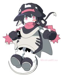 Rule 34 | 1boy, :&lt;, antenna hair, antennae, black hair, blush stickers, boots, cape, child, full body, fur-trimmed boots, fur-trimmed hat, fur trim, gloves, hat, humanization, kokum0tsu, looking at viewer, male focus, manta, manta ray, monster boy, original, oversized gloves, parted lips, pink eyes, scarf, short hair, sleeveless, solo, solo focus, tail, trap, white background