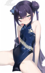 Rule 34 | 1girl, bare arms, black dress, black hair, blue archive, breasts, butterfly hair ornament, china dress, chinese clothes, closed mouth, double bun, dragon print, dress, grey eyes, hair between eyes, hair bun, hair ornament, hair ribbon, halo, highres, kisaki (blue archive), long hair, looking at viewer, pelvic curtain, ri suri hi, ribbon, sleeveless, sleeveless dress, small breasts, solo, spread legs, twintails