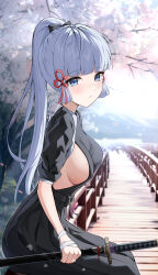 1girl absurdres alternate_costume ayaka_(genshin_impact) bandaged_hand bandages black_hakama blue_eyes blue_sky blush breasts cherry_blossoms clothing_cutout commentary day from_side genshin_impact hakama highres holding holding_sword holding_weapon japanese_clothes katana large_breasts long_hair looking_at_viewer on_railing outdoors parted_lips railing revision scabbard sheath sheathed side_cutout sideboob sidelocks sitting sky solo sword weapon white_hair yeni1871