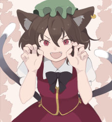 Rule 34 | 1girl, animal ear fluff, animal ears, black bow, black bowtie, bow, bowtie, brown hair, cat ears, cat tail, chen, claw pose, earrings, fang, fangs, flipped hair, gold trim, green hat, hat, highres, jewelry, mob cap, multiple tails, nekomata, red eyes, red skirt, red vest, shirt, short hair, short sleeves, single earring, skirt, skirt set, solo, surumeri (baneiro), tail, touhou, two tails, vest, white shirt