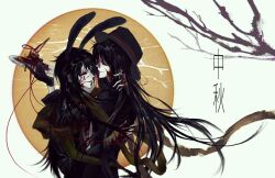 Rule 34 | 2boys, animal ears, bandaged arm, bandages, black gloves, black hair, black shirt, blood, blood on face, blood on hands, bloody bandages, chinese commentary, chinese text, commentary request, facial tattoo, from side, gloves, highres, huai yunqing, hug, kemonomimi mode, long hair, male focus, multiple boys, pingguo xiaogou, rabbit boy, rabbit ears, red-tinted eyewear, round eyewear, shirt, smile, tattoo, tinted eyewear, touqi guaitan, translation request, upper body, ziche fuzhao