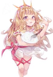 Rule 34 | 10s, 1girl, akieda, apron, armband, blonde hair, blush, bow, bowl, cagliostro (granblue fantasy), commentary request, cream, crown, food, food on face, granblue fantasy, hairband, highres, holding, holding bowl, long hair, looking at viewer, nose blush, purple eyes, sexually suggestive, simple background, solo, standing, tongue, tongue out, white apron, white background