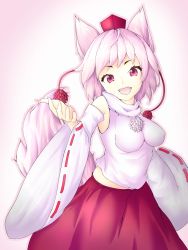 Rule 34 | 1girl, absurdres, animal ears, bare shoulders, breasts, detached sleeves, fang, fingernails, hat, highres, inubashiri momiji, looking at viewer, midriff, open mouth, pom pom (clothes), red eyes, ribbon-trimmed sleeves, ribbon trim, short hair, silver hair, solo, tail, tokin hat, touhou, wolf ears, wolf tail, yuusen (aenka)