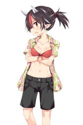 Rule 34 | 1girl, abs, alternate hairstyle, bikini, bikini top only, black hair, black shorts, breast hold, breasts, cleavage, crossed arms, front-tie bikini top, front-tie top, hawaiian shirt, highres, horns, kijin seija, looking at viewer, maturiuta sorato, medium breasts, multicolored hair, navel, pointy ears, ponytail, profile, red bikini, red eyes, red hair, shirt, short ponytail, short sleeves, shorts, simple background, solo, standing, stomach, streaked hair, sweatdrop, swimsuit, touhou, white background, white hair