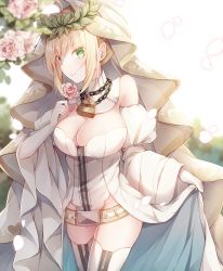 Rule 34 | 1girl, absurdres, ahoge, belt, blonde hair, blurry, blurry background, blush, breasts, chain, cleavage, closed mouth, commentary request, detached sleeves, elbow gloves, fate (series), flower, gloves, green eyes, highres, holding, holding flower, large breasts, leotard, lock, long sleeves, looking at viewer, nero claudius (bride) (fate), nero claudius (bride) (third ascension) (fate), nero claudius (fate), nero claudius (fate) (all), padlock, pink flower, pink rose, puffy sleeves, rose, short hair, sidelocks, smile, solo, veil, white gloves, white legwear, white leotard, wide sleeves, yua (bokubo0806), zipper