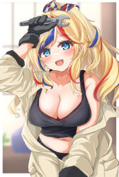 Rule 34 | 1girl, black gloves, black tank top, blonde hair, blue eyes, blue hair, blush, border, breasts, cleavage, collarbone, commandant teste (kancolle), gloves, highres, holding, holding wrench, kantai collection, kasashi (kasasi008), large breasts, long hair, long sleeves, multicolored hair, navel, open mouth, red hair, smile, solo, streaked hair, tank top, upper body, white border, white hair, wrench
