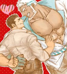 Rule 34 | 2boys, 392mondo, abs, aegir (housamo), aqua hair, ass grab, bara, bare pectorals, beard, blue eyes, couple, dark-skinned male, dark skin, facial hair, fingernails, fins, fish boy, food, grabbing another&#039;s ass, grin, groping, large pectorals, long sideburns, male focus, protagonist 3 (housamo), mature male, multicolored hair, multiple boys, muscular, muscular male, nipples, open clothes, open shirt, pectorals, pocky, pocky day, pocky kiss, shared food, sharp fingernails, short hair, sideburns, size difference, smile, stomach, streaked hair, tokyo houkago summoners, unfinished, white hair, yaoi