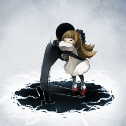 Rule 34 | 1girl, ^ ^, ankle boots, bad id, bad pixiv id, boots, brown hair, closed eyes, deemo, deemo (character), dress, girl (deemo), hand on another&#039;s head, height difference, hk (nt), hug, kneeling, pantyhose, tiptoes