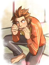 Rule 34 | 1boy, ace attorney, barefoot, brown hair, capcom, eating, eyebrows, feet, male focus, masapeko, sideburns, solo, sweatdrop, will powers