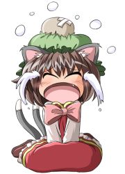 Rule 34 | 1girl, animal ears, bad id, bad pixiv id, bow, brown hair, cat ears, cat girl, cat tail, chen, d.a, fang, female focus, hat, head bump, multiple tails, open mouth, short hair, solo, tail, tears, touhou, transparent background