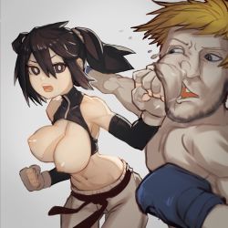 1boy 1girl belt black_belt black_eyes black_hair blonde_hair blue_gloves breasts crop_top fighting fingerless_gloves gloves hamama2 highres large_breasts navel nipples no_bra open_clothes open_mouth simple_background sleeveless sweat toned topless_male twintails