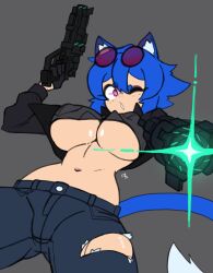 1girl absurdres animal_ear_fluff animal_ears black_gloves black_jacket black_shirt blue_hair blue_pants breasts cat_ears cat_girl cat_tail cowboy_shot cropped_jacket cropped_shirt doce dual_wielding eye_trail female_focus firing freckles gloves grey_background gun hair_between_eyes highres holding jacket light_trail looking_at_viewer midriff navel one_eye_closed original pants parted_lips pink_eyes shirt short_hair simple_background solo sunglasses_on_head tail tinted_eyewear torn_clothes torn_pants underboob weapon xiao_(docecaedrus)