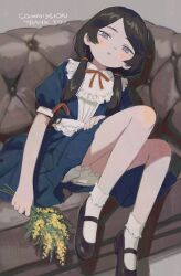 Rule 34 | 1girl, black footwear, black hair, blue dress, blue eyes, bolero (bo le ro66), bow, bowtie, commission, couch, dress, english text, frilled socks, frills, highres, holding, holding plant, light blush, long hair, looking at viewer, mary janes, on couch, original, panties, parted lips, plant, puffy short sleeves, puffy sleeves, reclining, red bow, red bowtie, shadow, shoes, short sleeves, short twintails, skeb commission, socks, solo, thank you, twintails, underwear, white panties, white socks