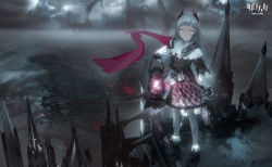 Rule 34 | 1girl, :|, absurdres, arknights, belt, black footwear, black gloves, black jacket, blunt bangs, building, cathedral, closed mouth, cloud, cloudy sky, commentary, expressionless, fog, full body, gloves, glowing, grey hair, gun, head wings, highres, holding, holding lantern, holding sword, holding weapon, irene (arknights), jacket, lantern, lightning, logo, long hair, long sleeves, looking at viewer, monster, ocean, on roof, pink ribbon, pink skirt, rapier, red pupils, ribbon, scar, scar across eye, scar on face, scenery, seymour (sai lu er), shoes, shoulder guard, skirt, sky, solo, spire, sword, tentacles, water, weapon, wings, yellow eyes
