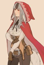 Rule 34 | 1girl, animal ears, artist name, belt, black hair, brown gloves, cloak, closed mouth, fire emblem, fire emblem fates, gloves, grey hair, highres, hood, hood up, hooded cloak, jivke, long sleeves, multicolored hair, nintendo, pouch, red eyes, simple background, solo, streaked hair, tail, velouria (fire emblem), wolf ears, wolf tail