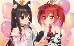 Rule 34 | 2girls, animal ear fluff, animal ears, bad id, bad pixiv id, balloon, bare shoulders, bell, black choker, black hair, black sleeves, cake, cake slice, choker, collar, collarbone, commentary, crown, detached sleeves, eating, english commentary, food, fork, fruit, hair between eyes, hair ornament, hairclip, hand up, happy birthday, holding, holding fork, holding plate, jingle bell, juliet sleeves, long hair, long sleeves, mini crown, multiple girls, mvv, neck bell, original, plate, puffy sleeves, red eyes, red hair, star-shaped pupils, star (symbol), strawberry, stuffed animal, stuffed panda, stuffed toy, symbol-shaped pupils, tilted headwear, twintails, vivian (mvv), white collar, wide sleeves, wing collar, xingye (xing)