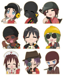 Rule 34 | 6+girls, :3, :t, = =, aiming, aiming at viewer, alcohol, balisong, bandaged hand, bandolier, baseball bat, black hair, blazer, blue eyes, bottle, brown hair, character request, chibi, closed eyes, cosplay, cowboy hat, cross, dark-skinned female, dark skin, demoman (tf2), engineer (tf2), everyone, explosive, eyepatch, fire, food, formal, gas mask, gender request, genderswap, glasses, green hair, grenade, gun, hard hat, hat, headset, heavy (tf2), helmet, holding, holding baseball bat, jacket, jewelry, knife, lucky star, mask, medic (tf2), multiple girls, necklace, necktie, nurse, nurse cap, open mouth, overalls, parody, pencil-chan, purple hair, pyro (tf2), red cross, red demoman (tf2), red engineer (tf2), red heavy (tf2), red medic (tf2), red pyro (tf2), red scout (tf2), red sniper (tf2), red soldier (tf2), red spy (tf2), rifle, rocket launcher, rpg (weapon), sandwich, scout (tf2), sniper (tf2), sniper rifle, soldier (tf2), spy (tf2), style parody, suit, sunglasses, syringe, team fortress 2, the demoman (cosplay), the engineer (cosplay), the heavy (cosplay), the medic (cosplay), the pyro (cosplay), the scout (cosplay), the sniper (cosplay), the soldier (cosplay), the spy (cosplay), vest, weapon, wrench