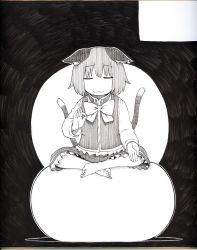 Rule 34 | 1girl, :3, animal ears, ball, barefoot, black background, bow, bowtie, cat ears, cat tail, chen, closed mouth, ears down, exercise ball, closed eyes, facing viewer, greyscale, indian style, long sleeves, meditation, monochrome, multiple tails, nekomata, ok sign, poronegi, short hair, sitting, smile, solo, tail, touhou, traditional media, two tails, vest