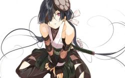 Rule 34 | 1girl, bare shoulders, black hair, fate/grand order, fate (series), fishnet gloves, fishnets, gloves, long hair, looking at viewer, mochizuki chiyome (fate), pako (pakosun), purple eyes, simple background, solo, white background