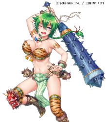 Rule 34 | 1girl, animal print, aqua eyes, armlet, boots, breasts, chouun (sangoku infinity), cleavage, club, club (weapon), company name, copyright name, fake horns, fur trim, green hair, horns, jewelry, kanabou, komase (jkp423), loincloth, magatama, navel, necklace, one eye closed, oni, oni horns, print thighhighs, sangoku infinity, setsubun, simple background, single thighhigh, solo, thighhighs, tiger print, wavy mouth, weapon, white background, wrist cuffs, zhao yun (sangoku infinity)