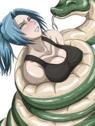 Rule 34 | 1girl, animated, animated gif, bhm, blue eyes, blue hair, breasts, cleavage, coiled, constriction, large breasts, leona heidern, ponytail, restrained, snake, the king of fighters