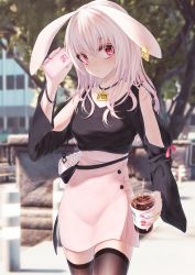 Rule 34 | 1girl, animal ears, bae.c, bag, bare shoulders, black shirt, blurry, breasts, brown thighhighs, choker, clothing cutout, cowboy shot, cup, depth of field, disposable cup, drinking straw, earrings, floppy ears, hand up, handbag, high-waist skirt, highres, holding, jewelry, lirin (bae.c), long hair, long sleeves, looking at viewer, medium breasts, nail polish, name tag, original, outdoors, phone, pink skirt, rabbit ears, red eyes, shirt, shirt tucked in, shoulder cutout, side slit, skirt, solo, standing, thighhighs, tree, white hair, zettai ryouiki