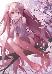 Rule 34 | 1girl, bare shoulders, cherry blossoms, commentary, detached sleeves, falling petals, flower, full body, hair flower, hair ornament, hatsune miku, highres, long hair, looking at viewer, miniskirt, necktie, open mouth, own hands together, petals, pink eyes, pink flower, pink hair, pink necktie, pink skirt, pink sleeves, pink theme, pink thighhighs, pleated skirt, romaji commentary, sakura miku, shirt, sitting on branch, skirt, sleeveless, sleeveless shirt, smile, solo, takepon1123, tassel, thighhighs, tree, twintails, very long hair, vocaloid, white shirt, zettai ryouiki